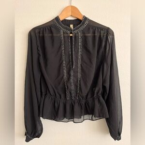 Free People Black Ruffled Long Sleeve Sheer Blouse Women Medium Beaded Boho